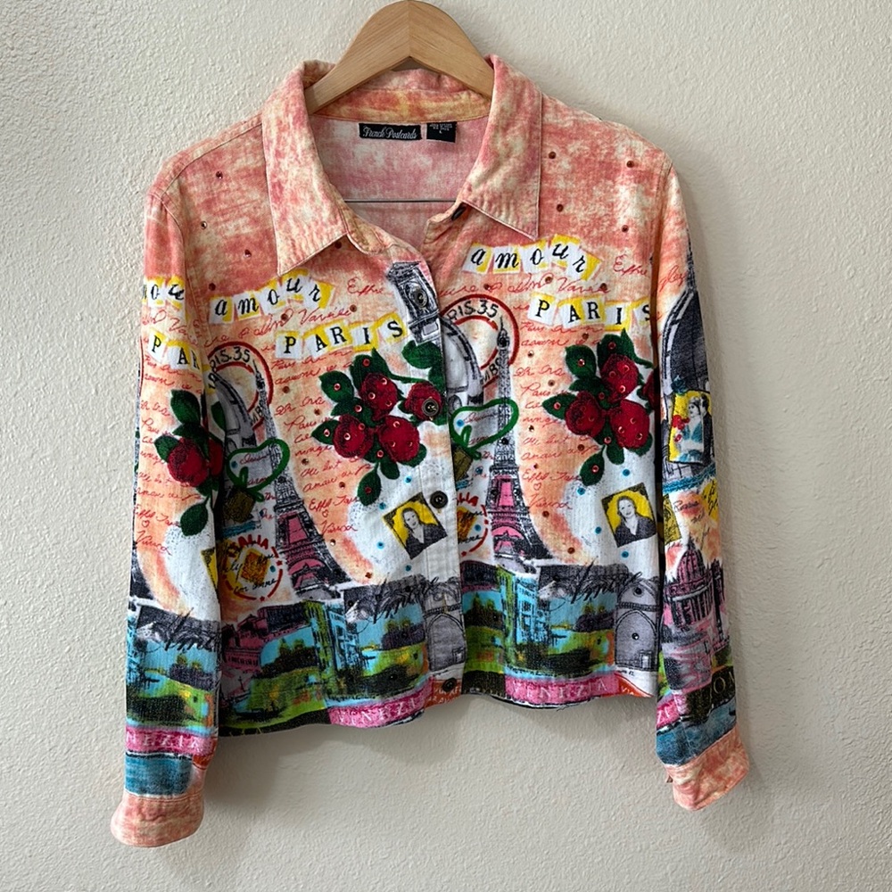 French Postcards Colorful Cropped Jacket with Artistic Flair and Sequin Details